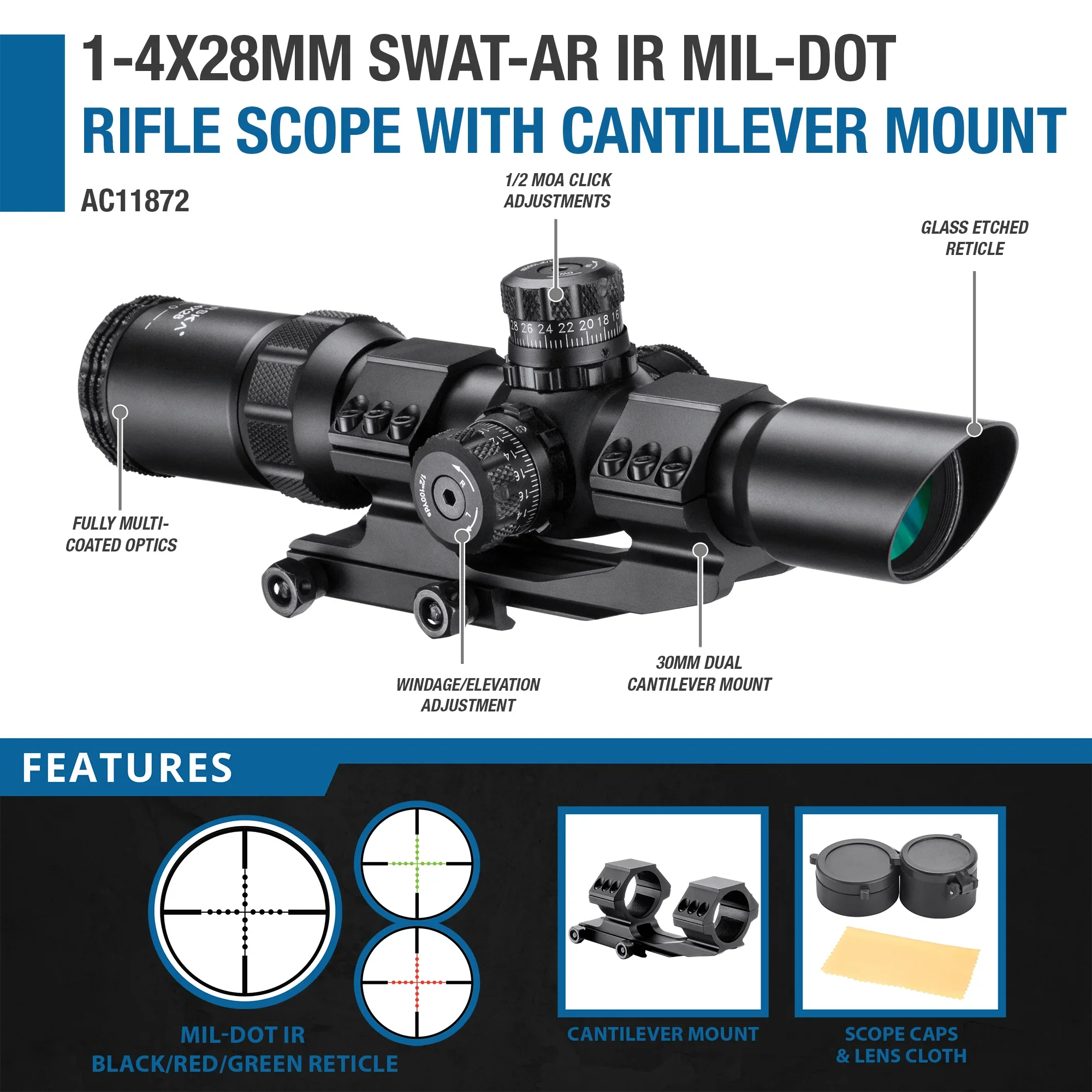 1-4x28mm SWAT-AR IR Mil-Dot Rifle Scope with Cantilever Mount | AC11872 - Image 9