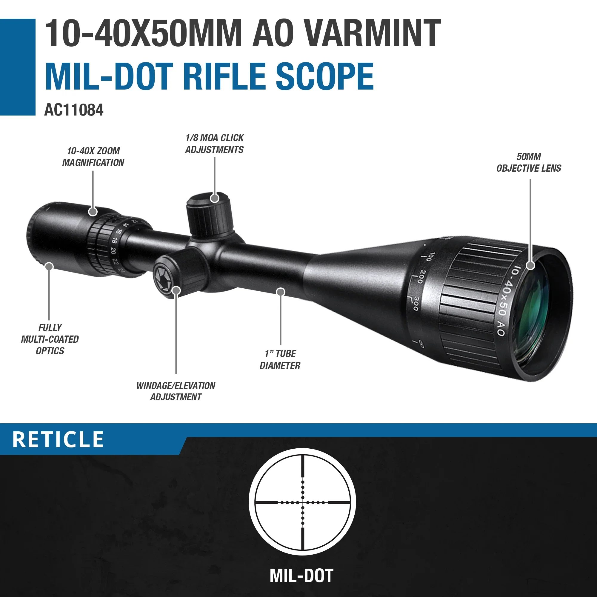 10-40x50mm Varmint AO Mil-Dot Rifle Scope | AC11084 - Image 6