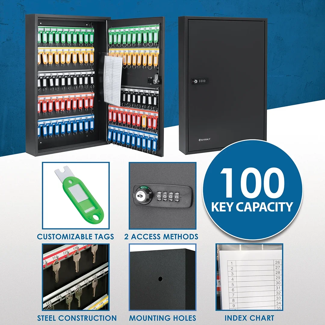 100 Capacity Adjustable Key Cabinet with Combination & Key Lock, Black | CB13366 - Image 10