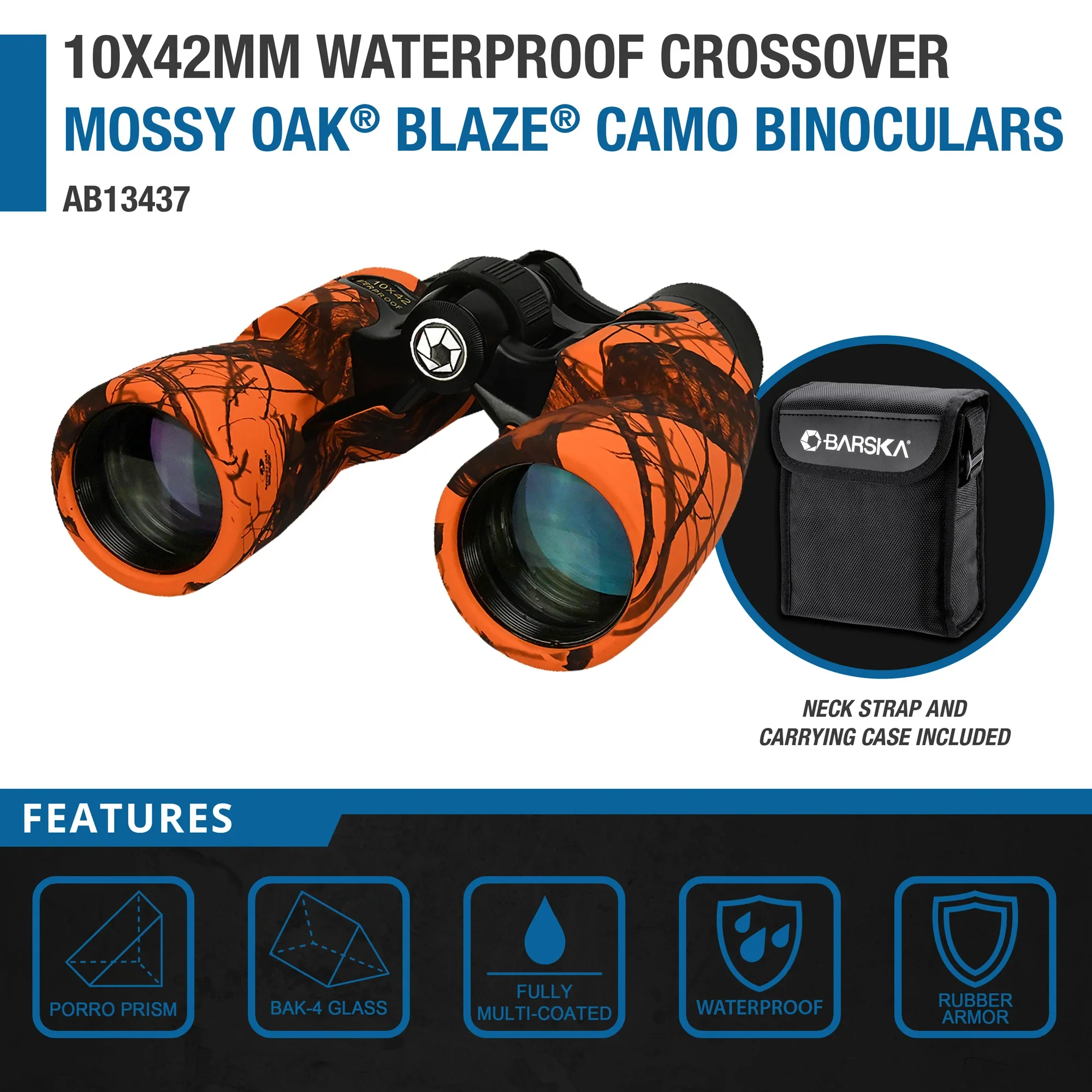 10x42mm Crossover Waterproof Binoculars, Mossy Oak® Blaze® Camo | AB13437 - Image 10