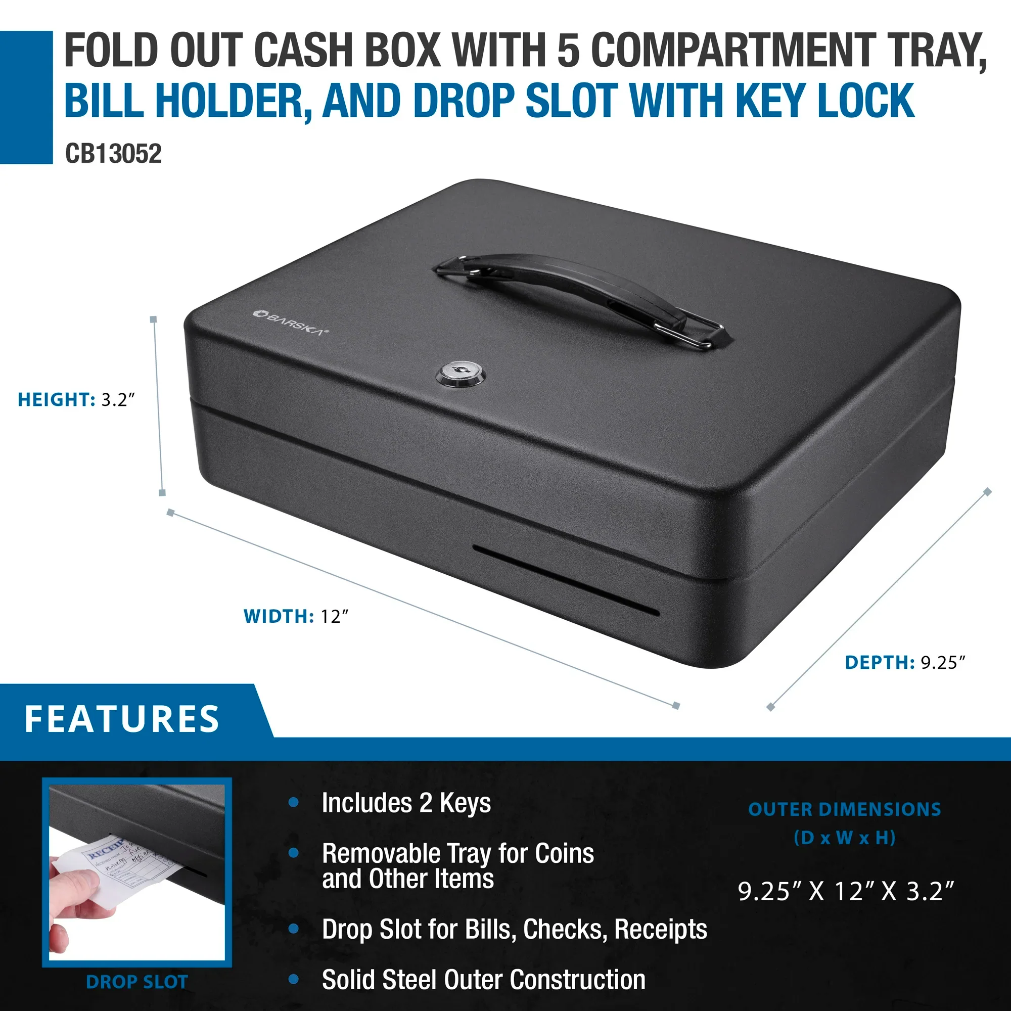 Fold Out Cash Box with Five Compartment Tray, Bill Holder, and Drop Slot with Key Lock | CB13052 - Image 9