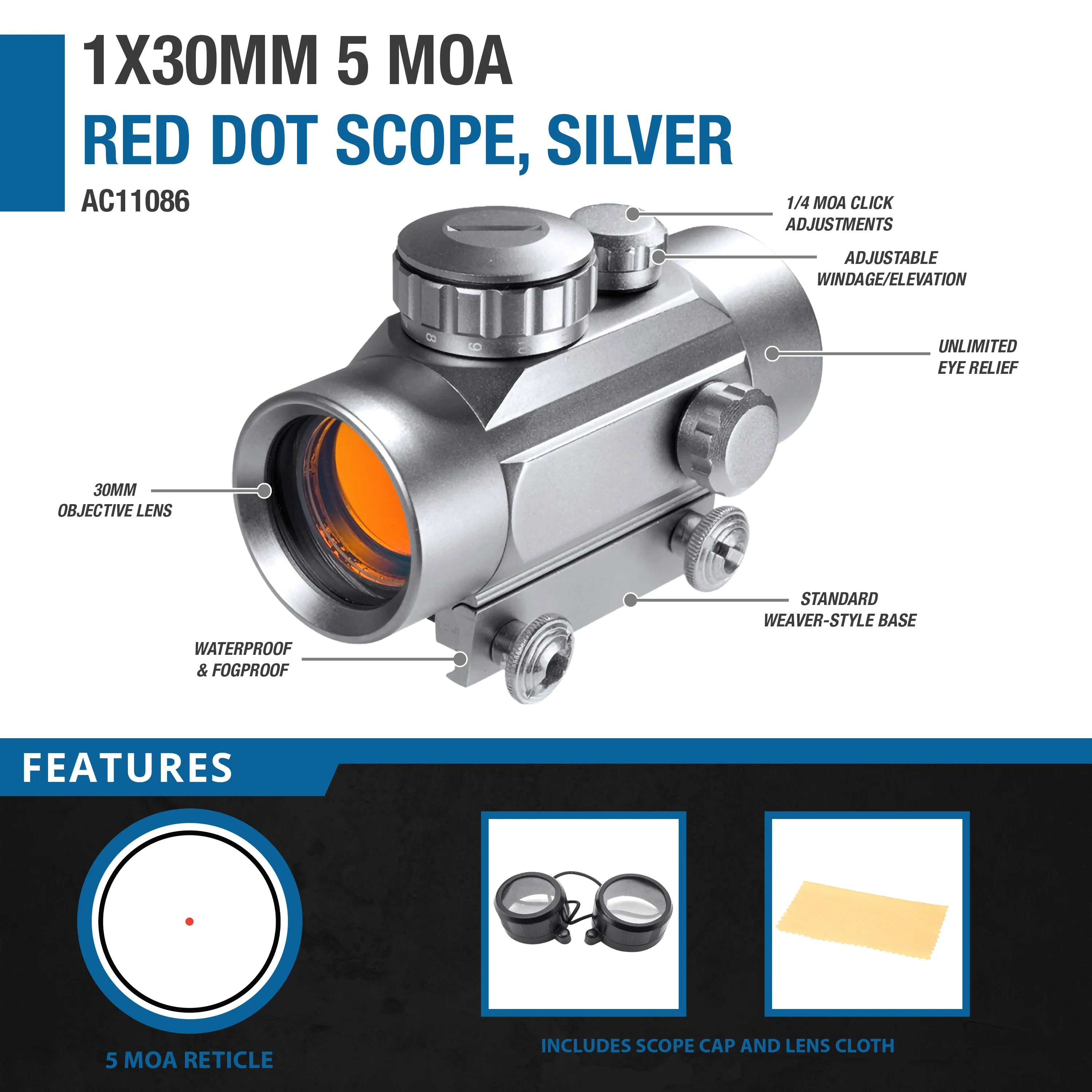 1x30mm Red Dot 5 MOA Sight, Silver | AC11086 - Image 3