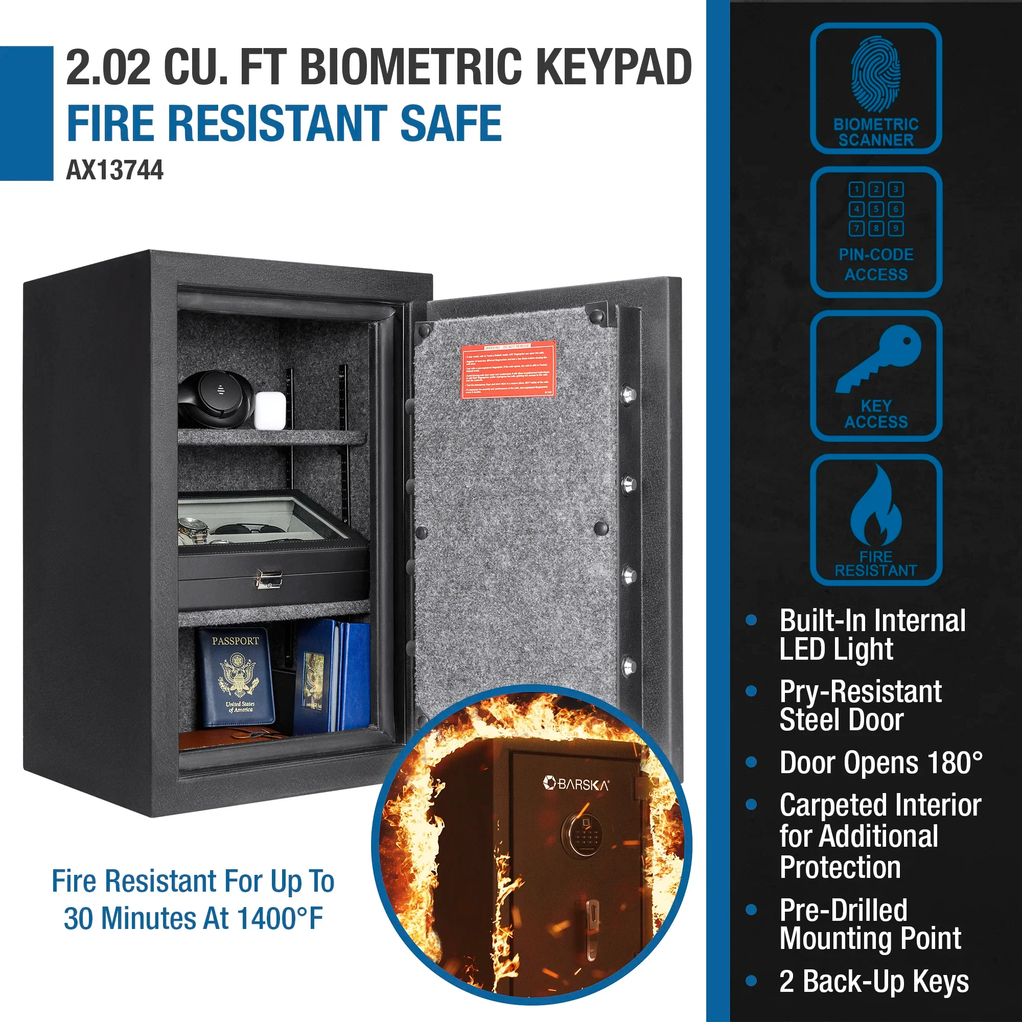 2.02 Cu. ft Biometric Keypad Fire Resistant Safe | AX13744 - Image 13