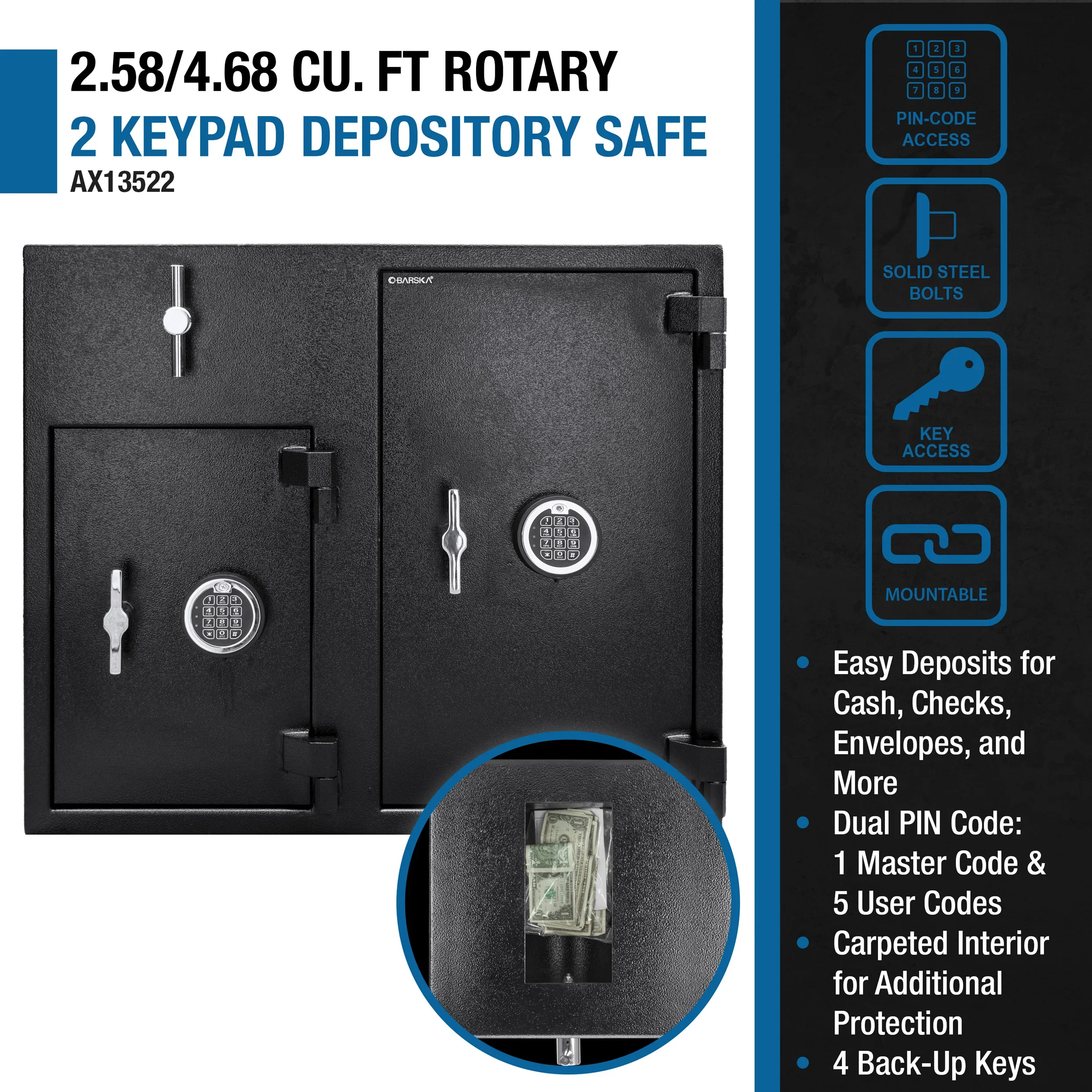 2.58/4.68 Cu. ft Dual Compartment Rotary Hopper Keypad Depository Safe | AX13522 - Image 8