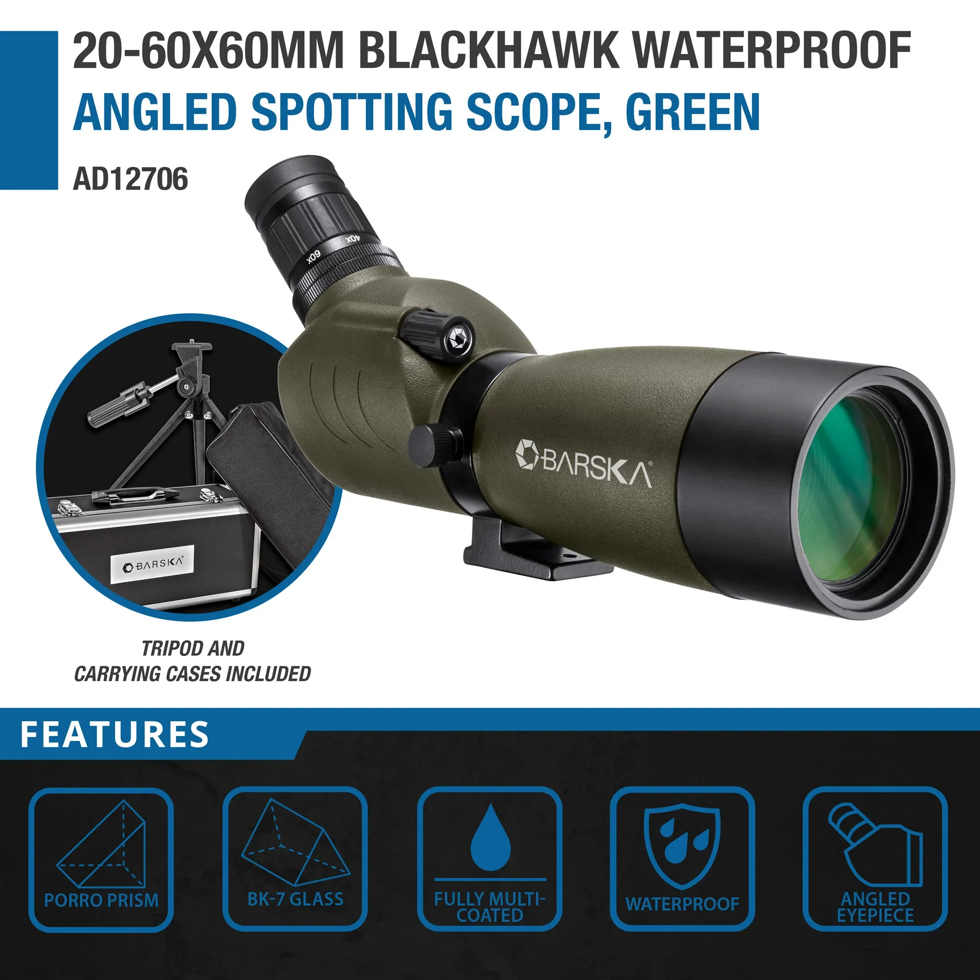 20-60x60mm Blackhawk Waterproof Angled Spotting Scope, Green | AD12706 - Image 6