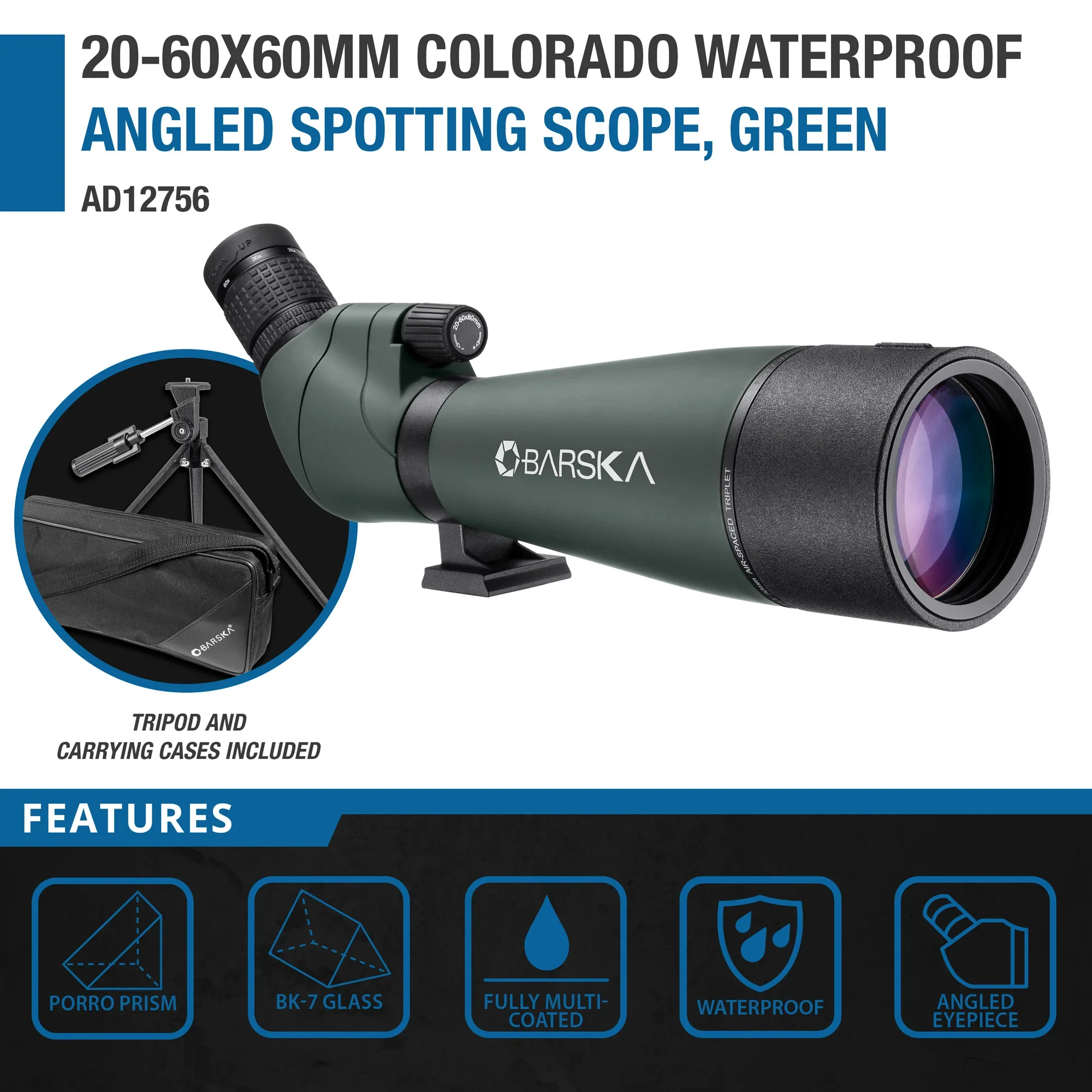 20-60x80mm Colorado Waterproof Angled Spotting Scope, Green | AD12756 - Image 5