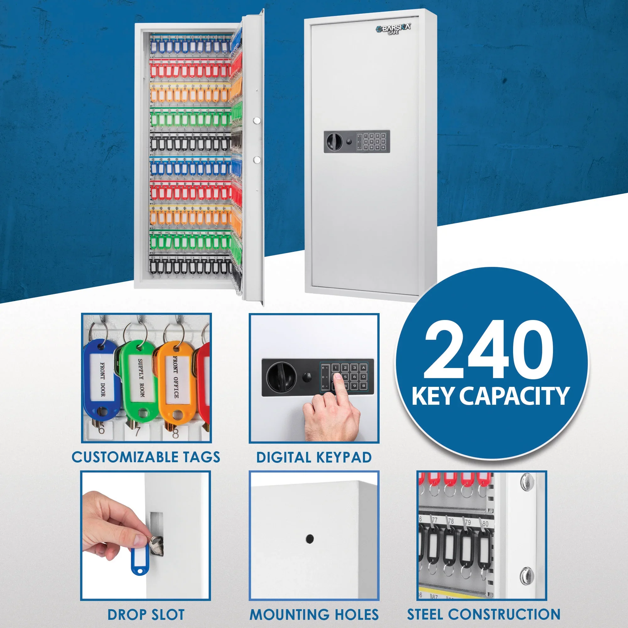 240 Capacity Adjustable Key Cabinet Digital Keypad Wall Safe, White | AX13368 - Image 8