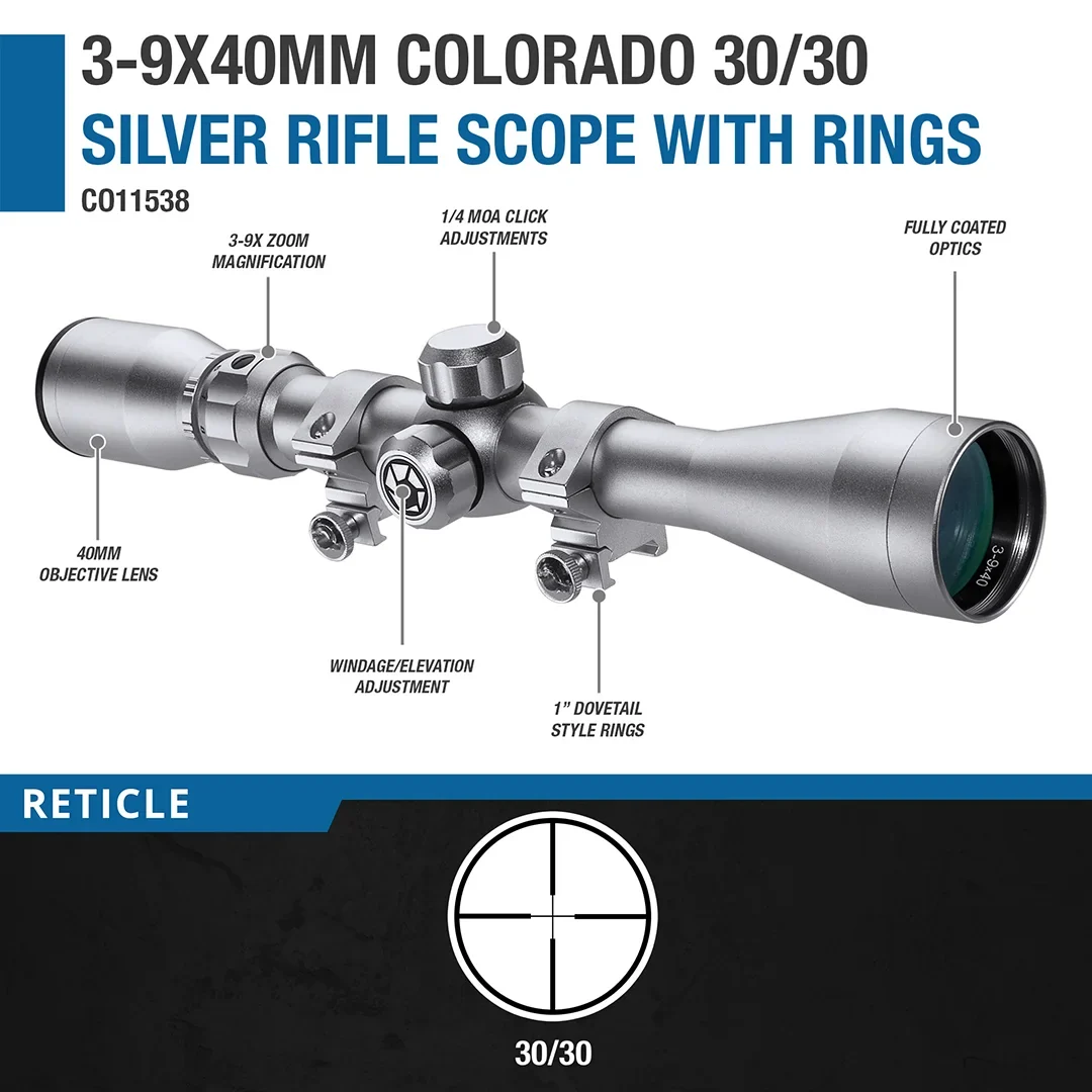 3-9x40mm Colorado 30/30 Silver Rifle Scope with Rings | CO11538 - Image 7