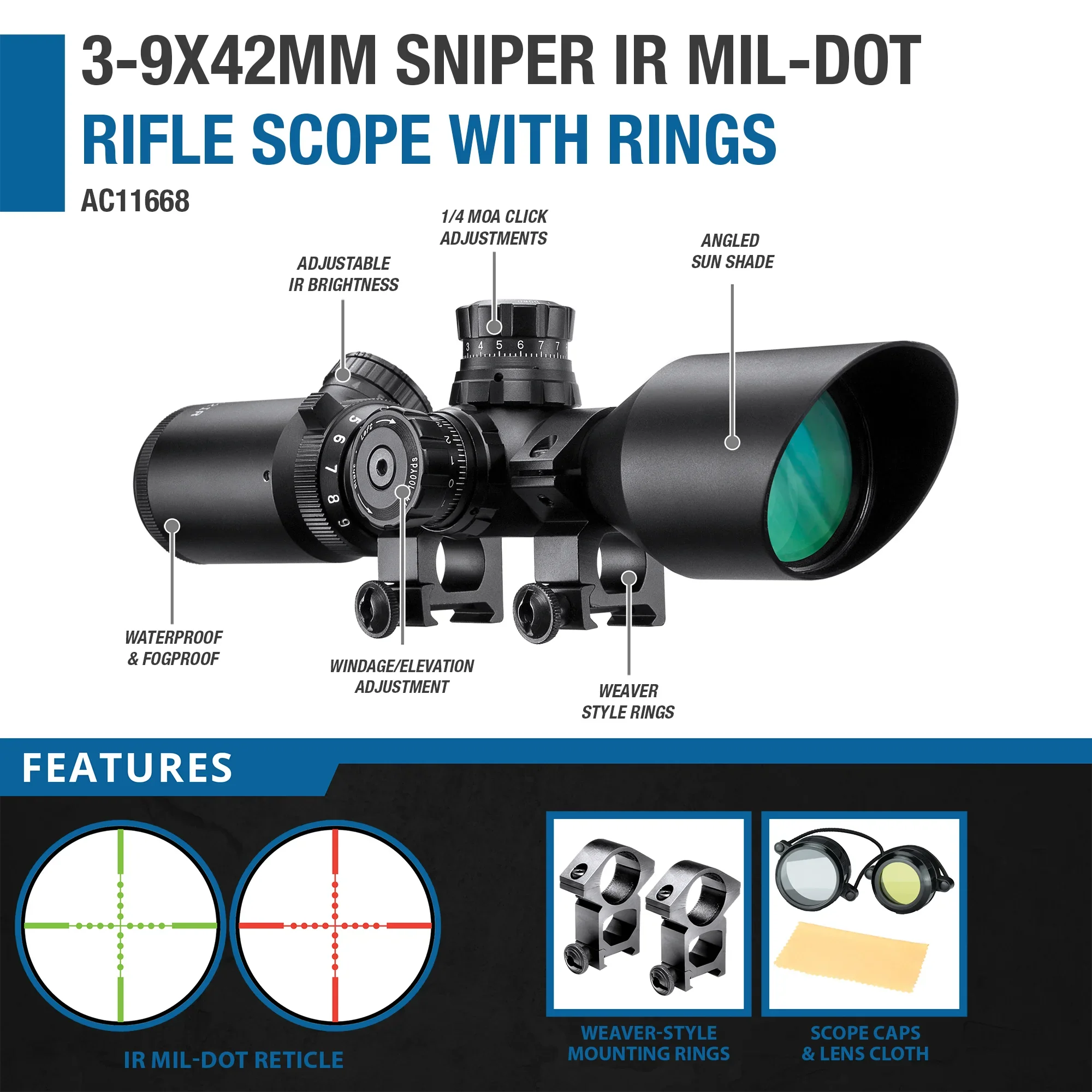 3-9x42mm Sniper IR Mil-Dot Rifle Scope with Rings | AC11668 - Image 8