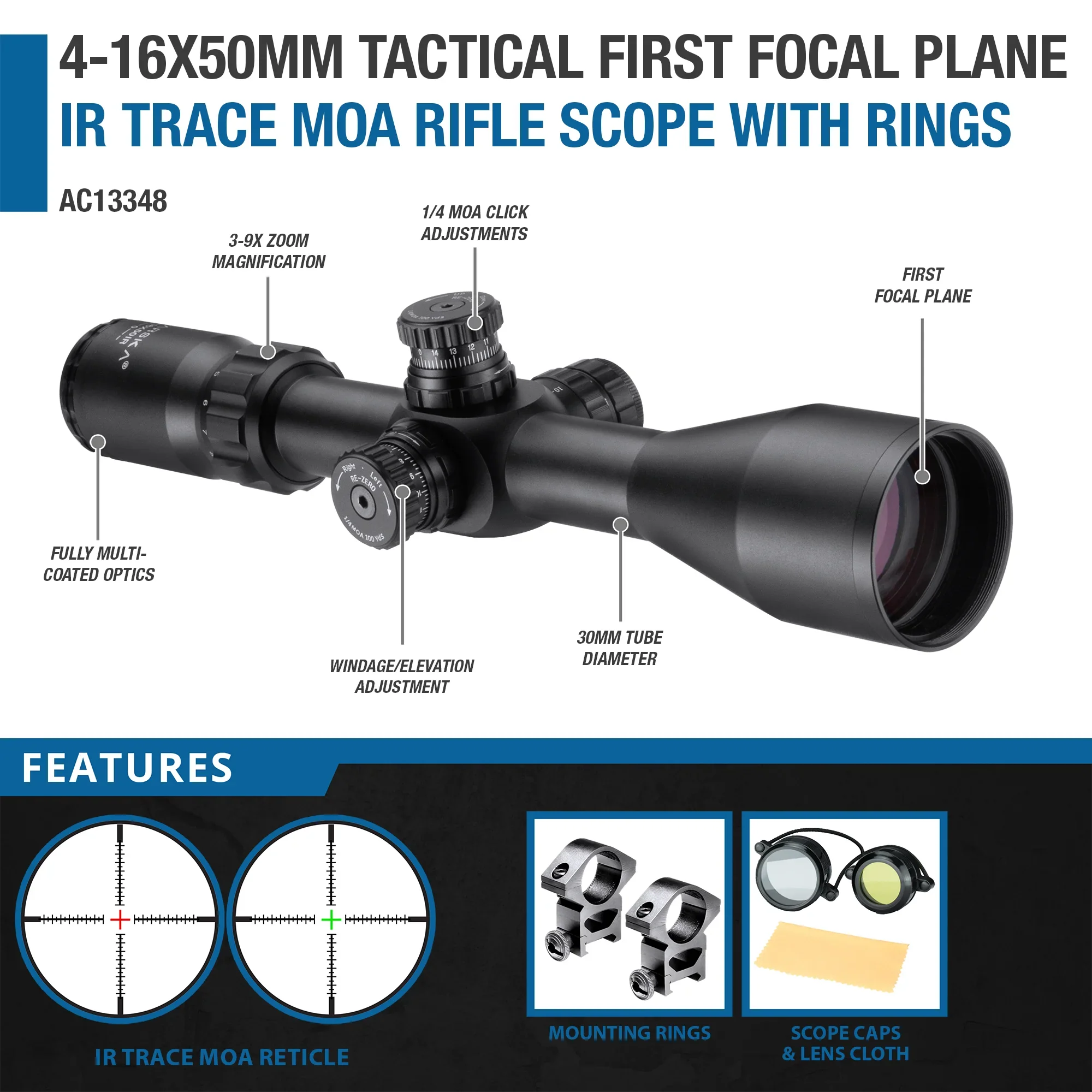 4-16x50mm Tactical First Focal Plane IR Trace MOA Rifle Scope with Rings | AC13348 - Image 10