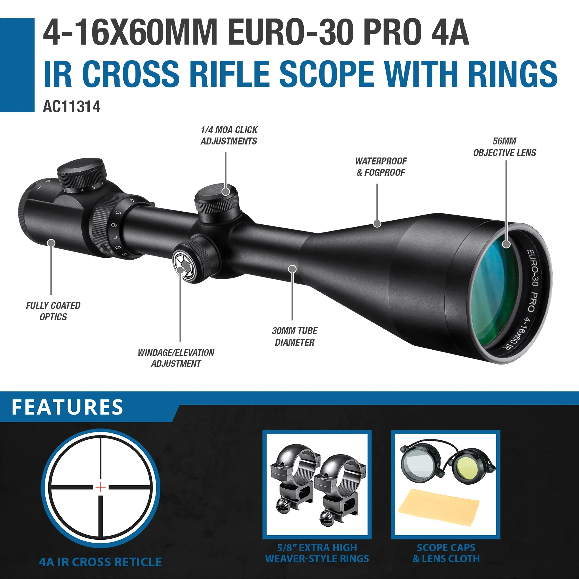 4-16x60mm Euro-30 Pro 4A IR Cross Rifle Scope with Rings | AC11314 - Image 6