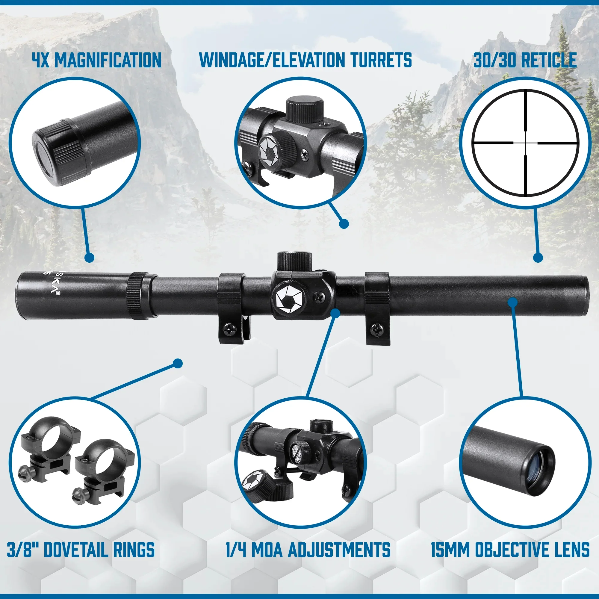 4x15mm Rimfire 30/30 Rifle Scope with Rings | AC10000 - Image 6