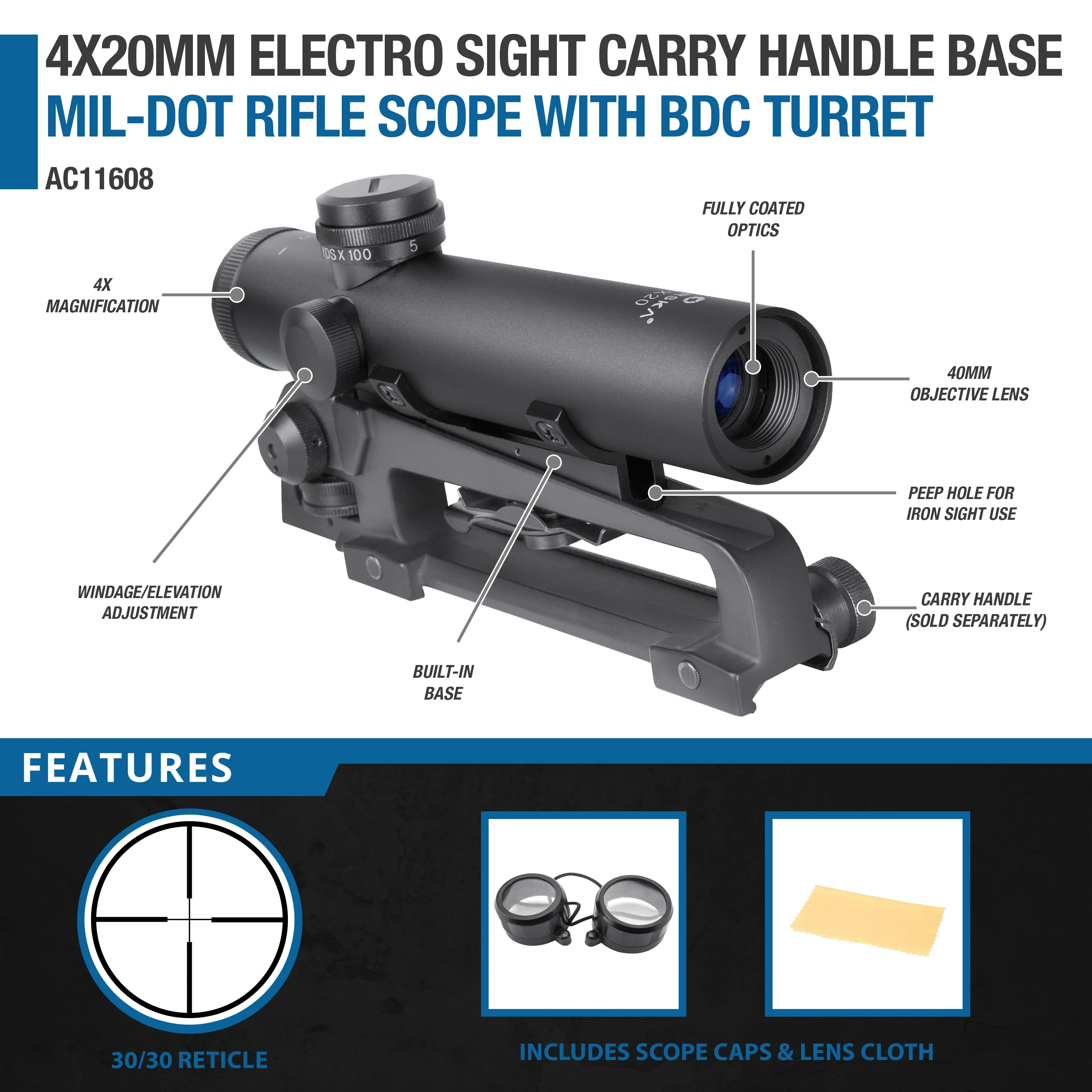 4x20mm Electro Sight Carry Handle Base Mil-Dot Rifle Sight with BDC Turret | AC11608 - Image 11