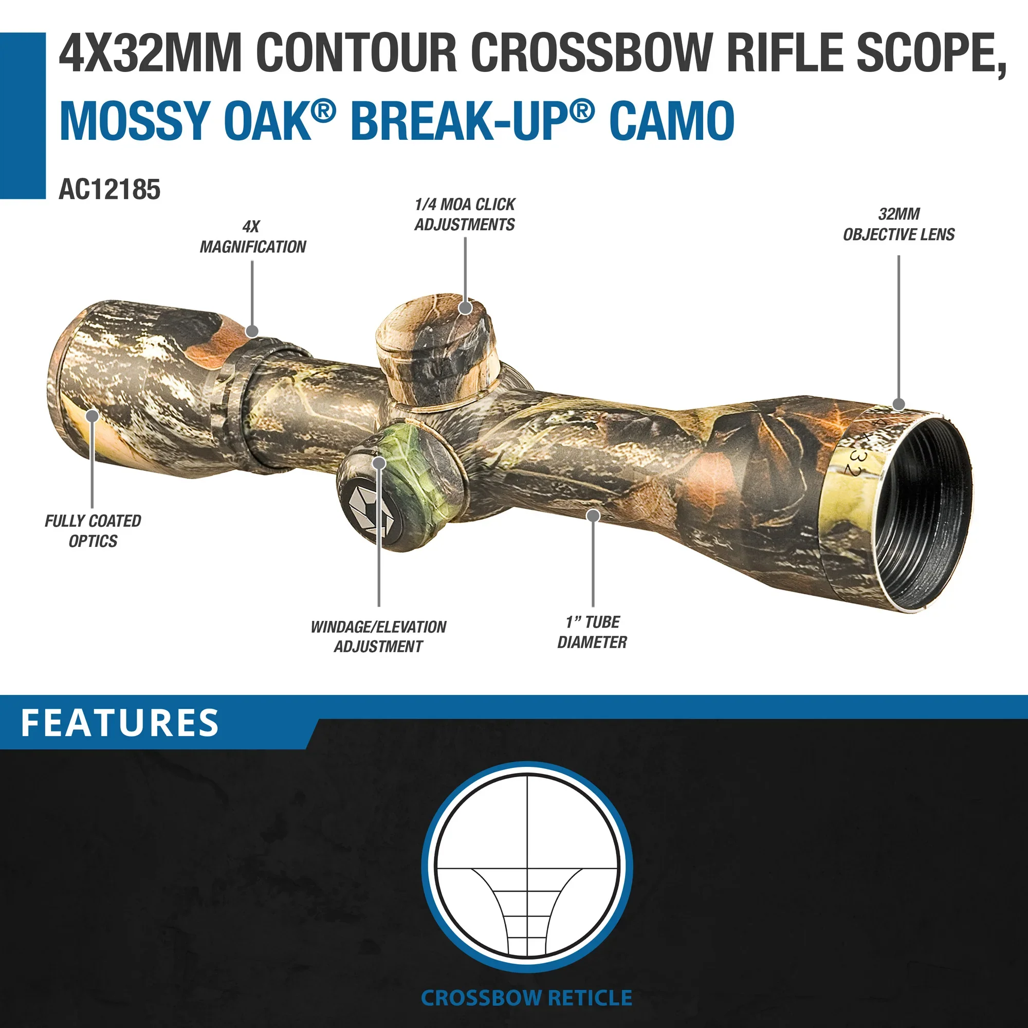 4x32mm Contour Crossbow Rifle Scope, Mossy Oak® Break-Up® Camo | AC12185 - Image 4