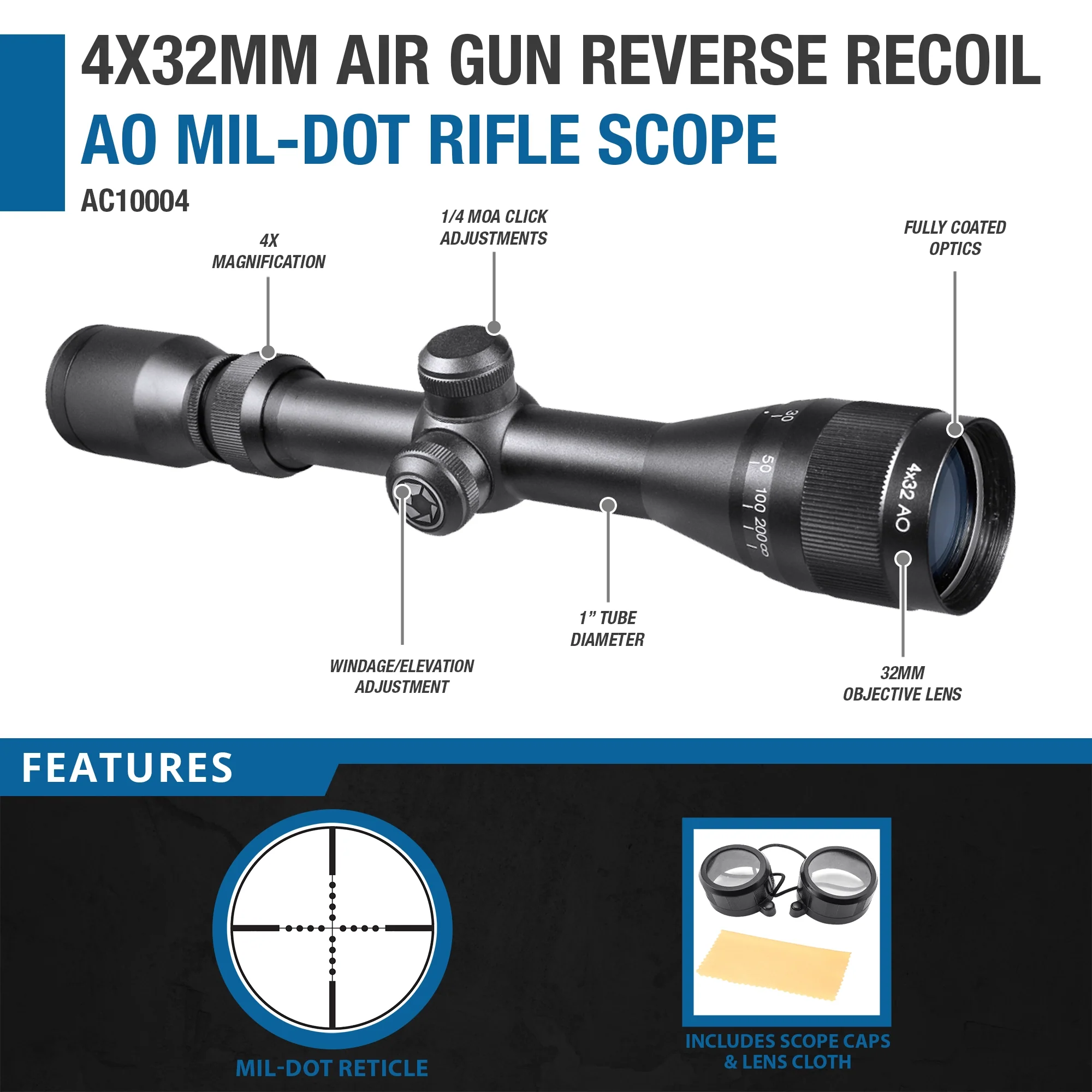 4x32mm Air Gun Reverse Recoil AO Mil-Dot Rifle Scope | AC10004 - Image 4