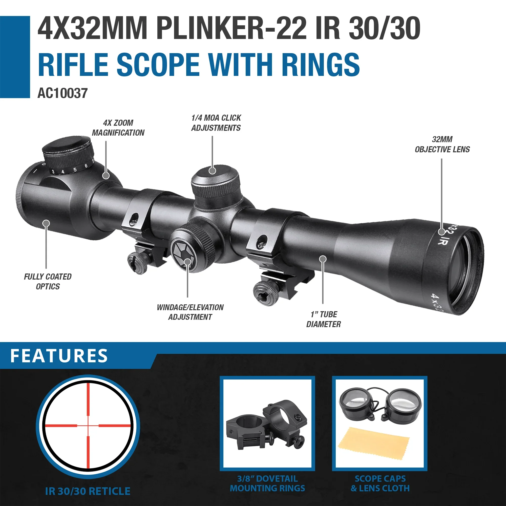 4x32mm Plinker-22 IR 30/30 Rifle Scope with Rings | AC10037 - Image 4