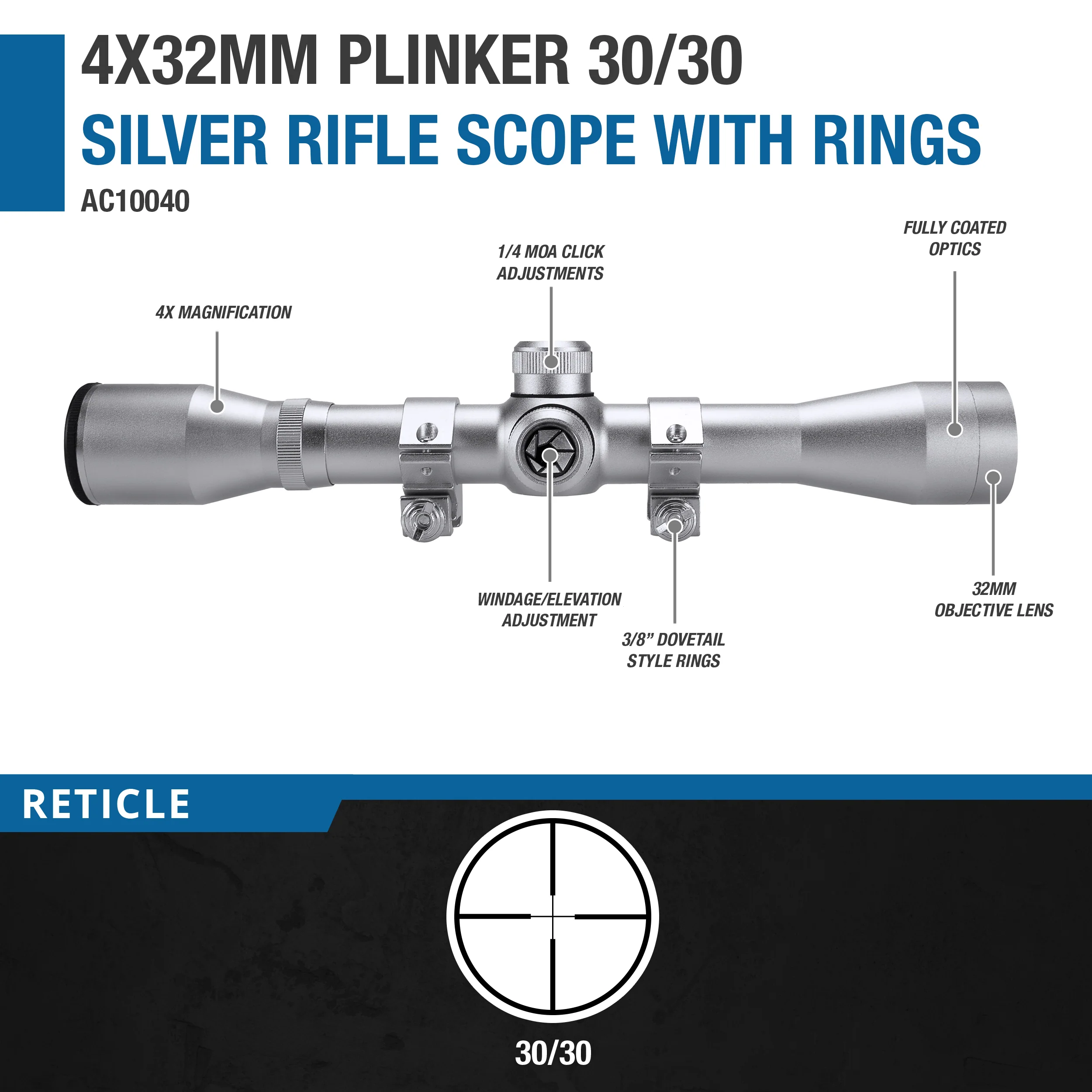 4x32mm Plinker-22 30/30 Silver Rifle Scope with Rings | AC10040 - Image 6