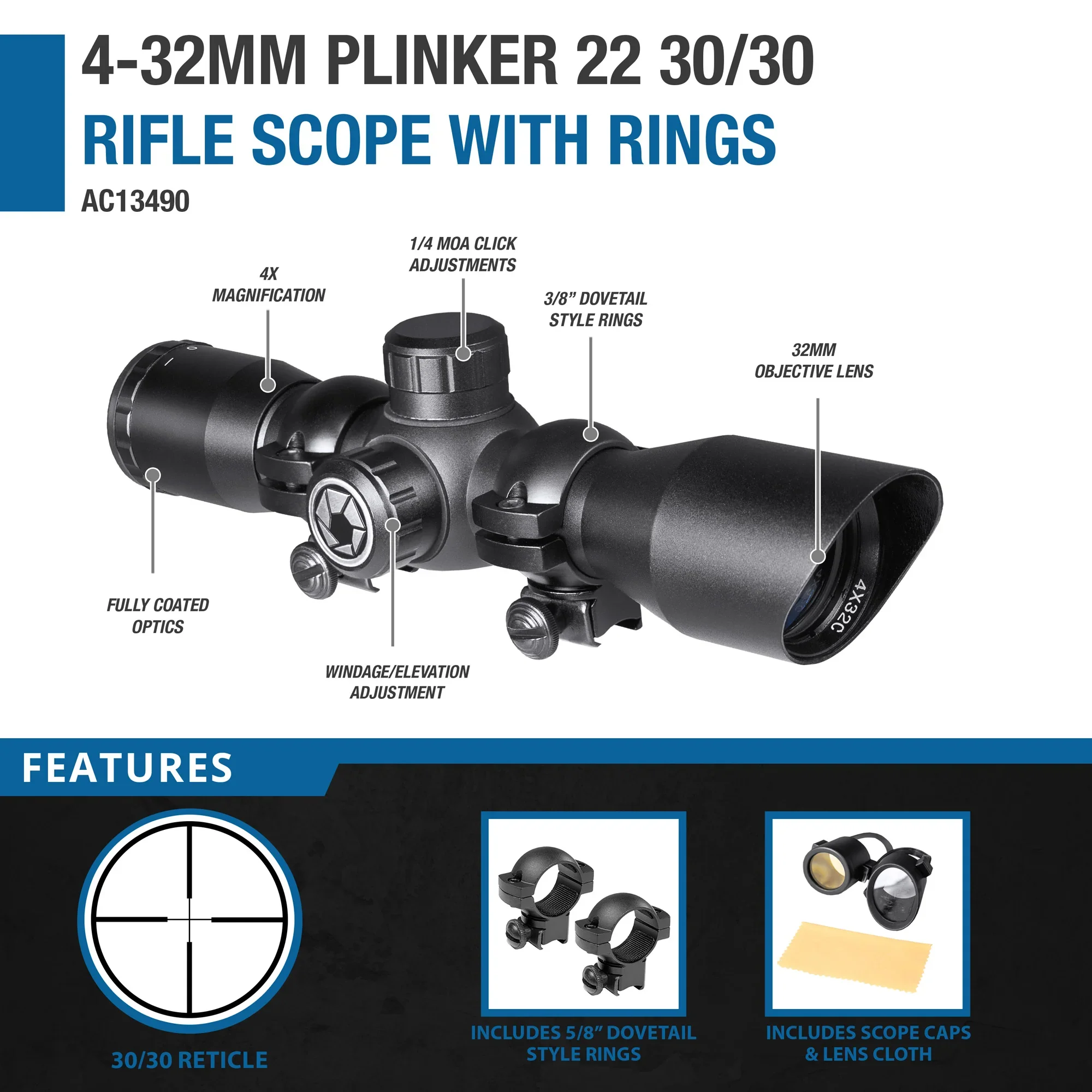 4x32mm Plinker-22 30/30 Rifle Scope with Rings | AC13490 - Image 10