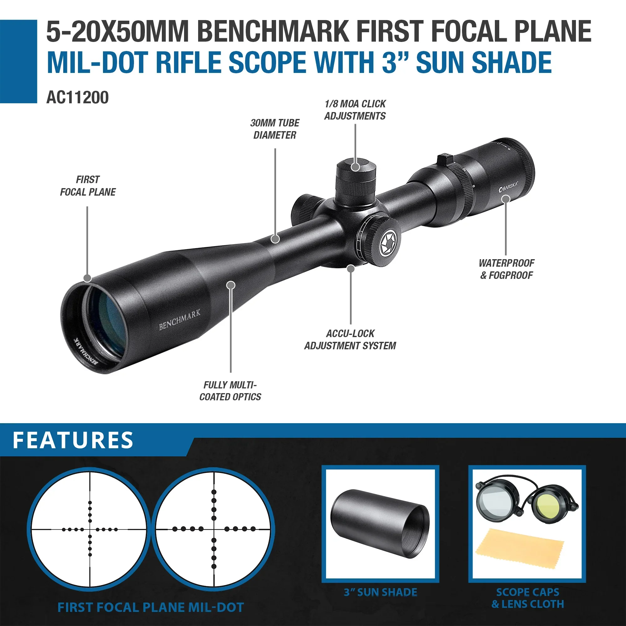 5-20x50mm Benchmark First Focal Plane Mil-Dot Rifle Scope with 3" Sun Shade | AC11200 - Image 8