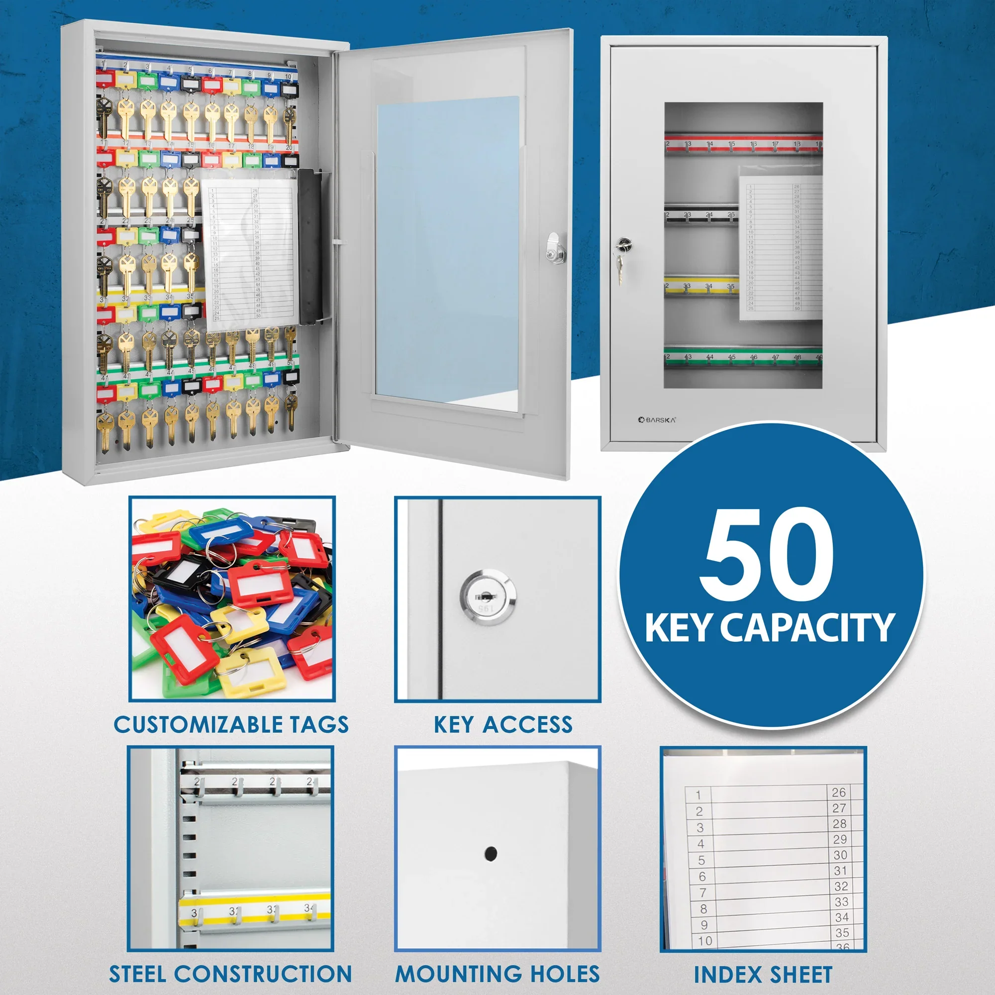 50 Capacity Adjustable Key Cabinet with Glass Door | CB12950 - Image 9