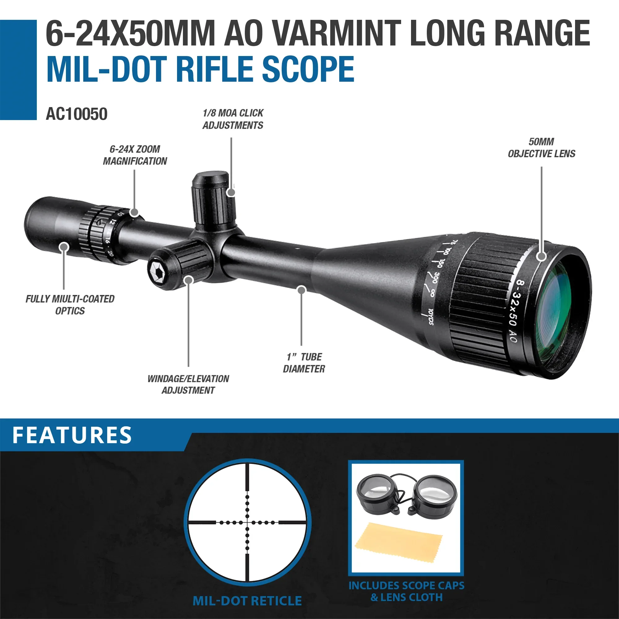 6-24x50mm Varmint AO Mil-Dot Rifle Scope | AC10050 - Image 4
