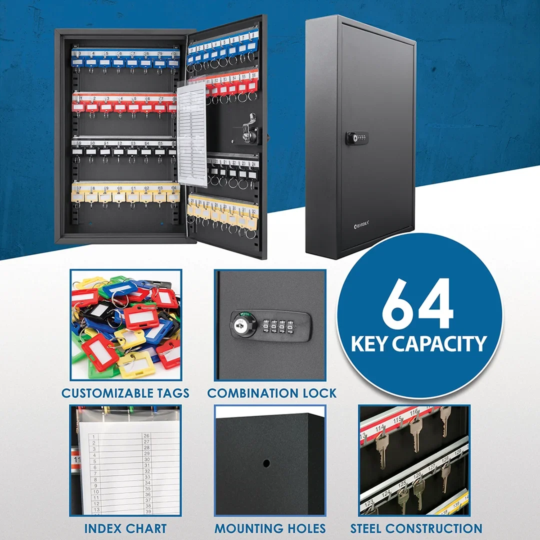 64 Capacity Adjustable Key Cabinet with Combination & Key Lock, Black | CB13264 - Image 9