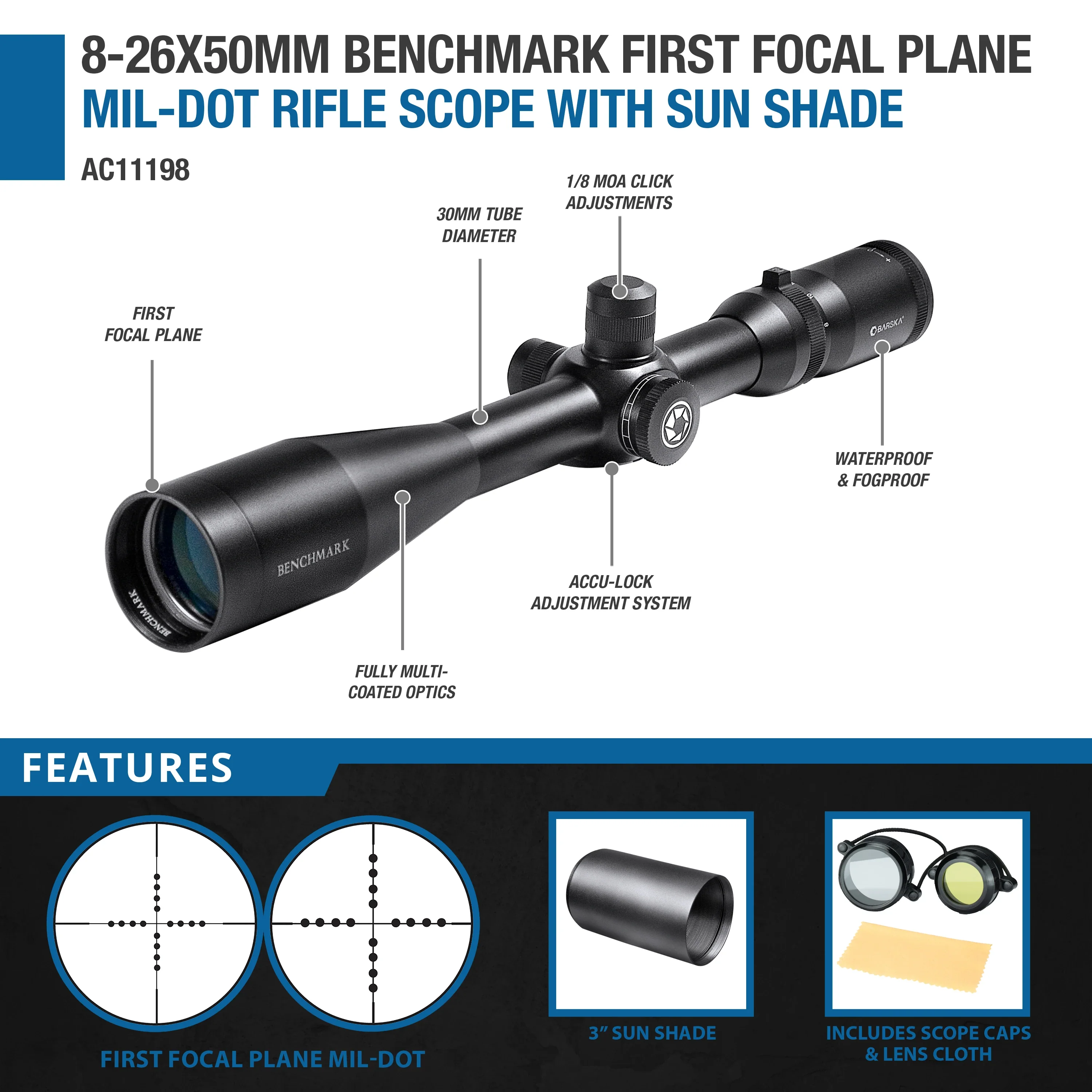 8-26x50mm Benchmark First Focal Plane Mil-Dot Rifle Scope With Sun Shade | AC11198 - Image 6
