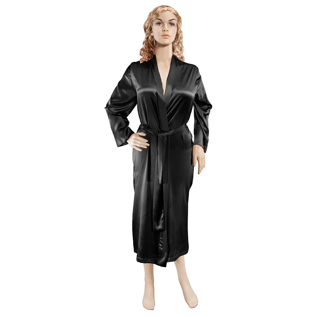 Aus Vio 100% Natural Charmeuse Silk Luxurious Satin Robe, Medium, Black | BM12114 - Image 3