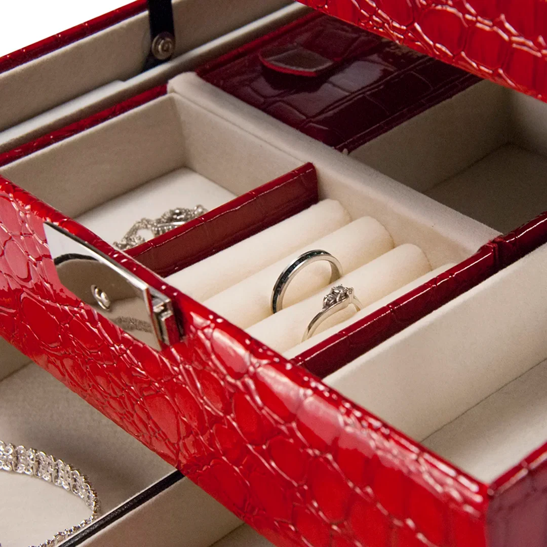 Cheri Bliss Portable Vegan Leather Croc Embossed Red Jewelry Box with Drawer, Key Lock, and Carry Handle | BF11976 - Image 6