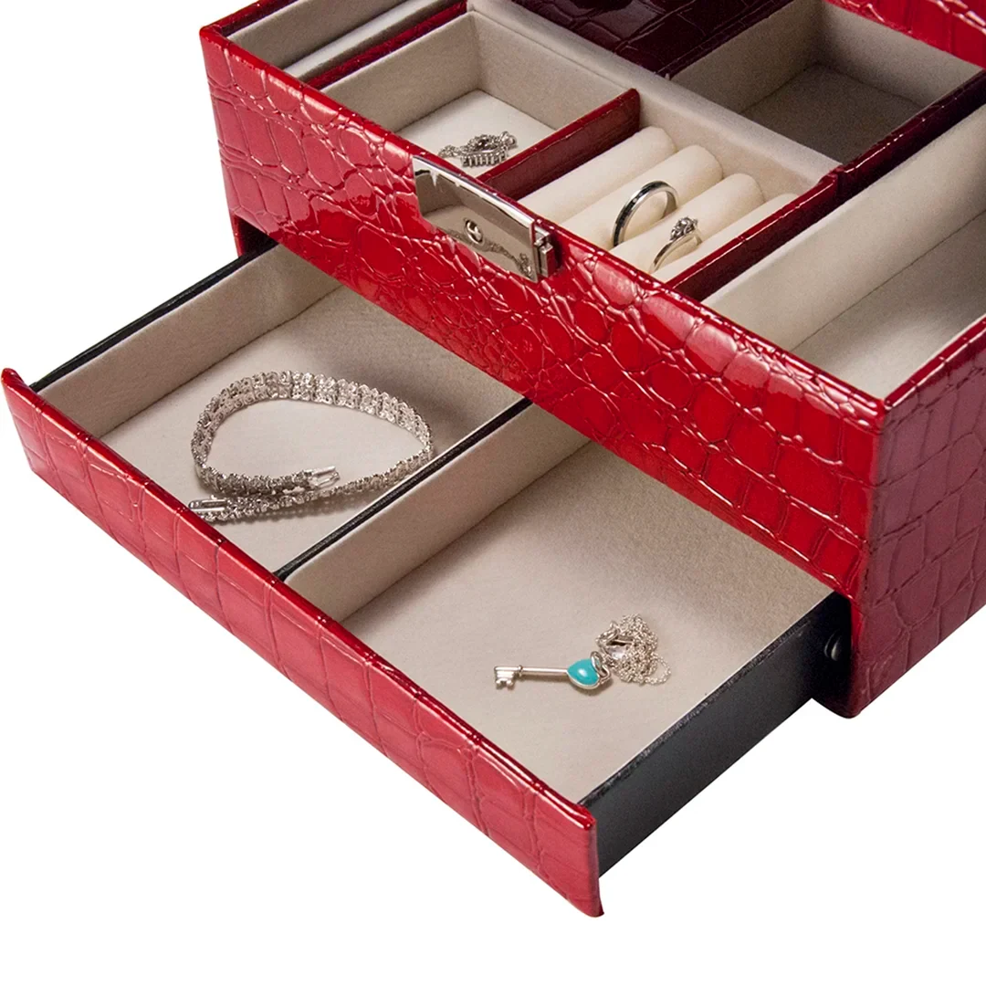 Cheri Bliss Portable Vegan Leather Croc Embossed Red Jewelry Box with Drawer, Key Lock, and Carry Handle | BF11976 - Image 7