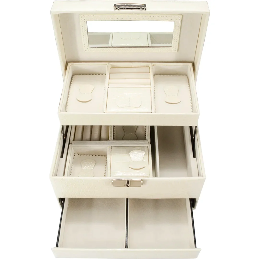 Cheri Bliss Portable Vegan Leather Croc Embossed Cream Jewelry Box with Drawer, Key Lock, and Carry Handle | BF12502 - Image 3