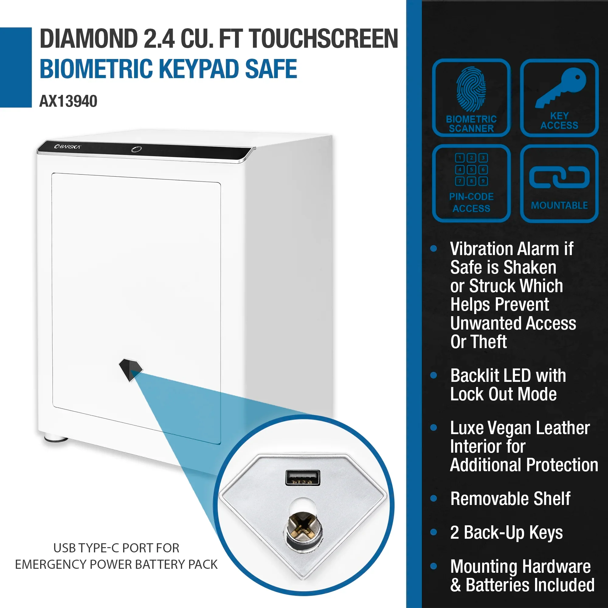 Diamond 2.4 Cu. ft Touchscreen Biometric Keypad Security Safe | AX13940 - Image 9