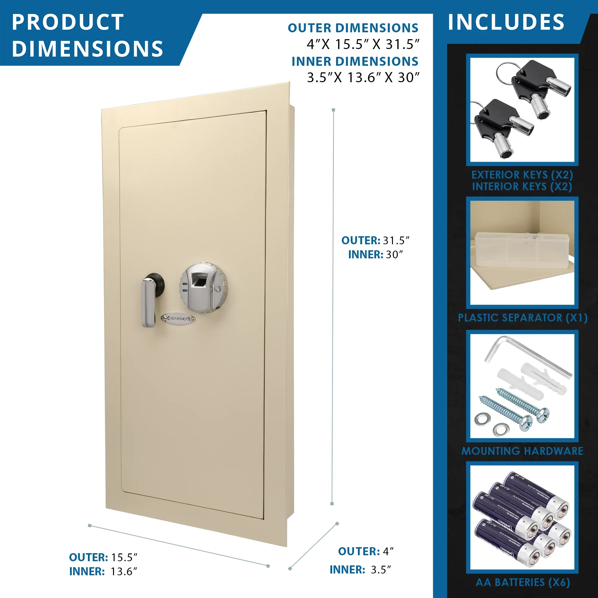 Large Beige Biometric Wall Safe, Right Opening  AX12408 | Left Opening AX12880 - Image 10