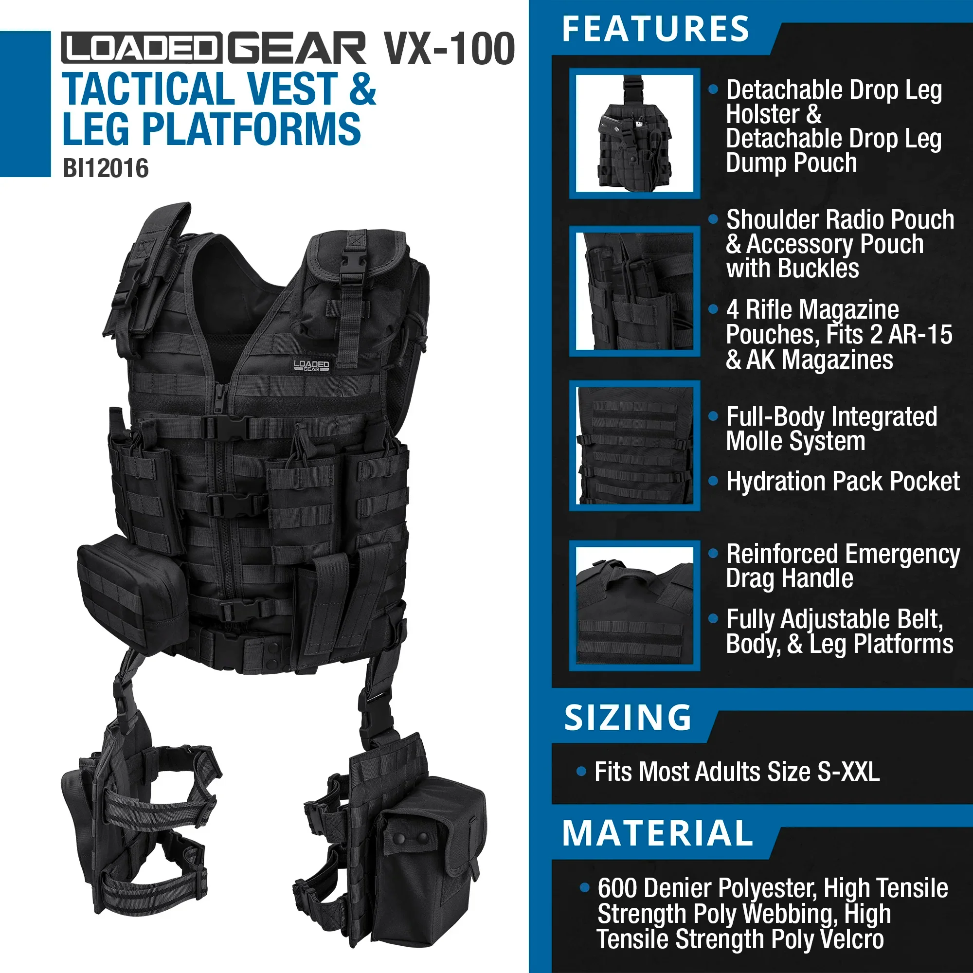 Loaded Gear VX-100 Tactical Vest and Leg Platforms | Black, OD Green, Dark Earth | BI12016, BI12330, BI12344 - Image 10
