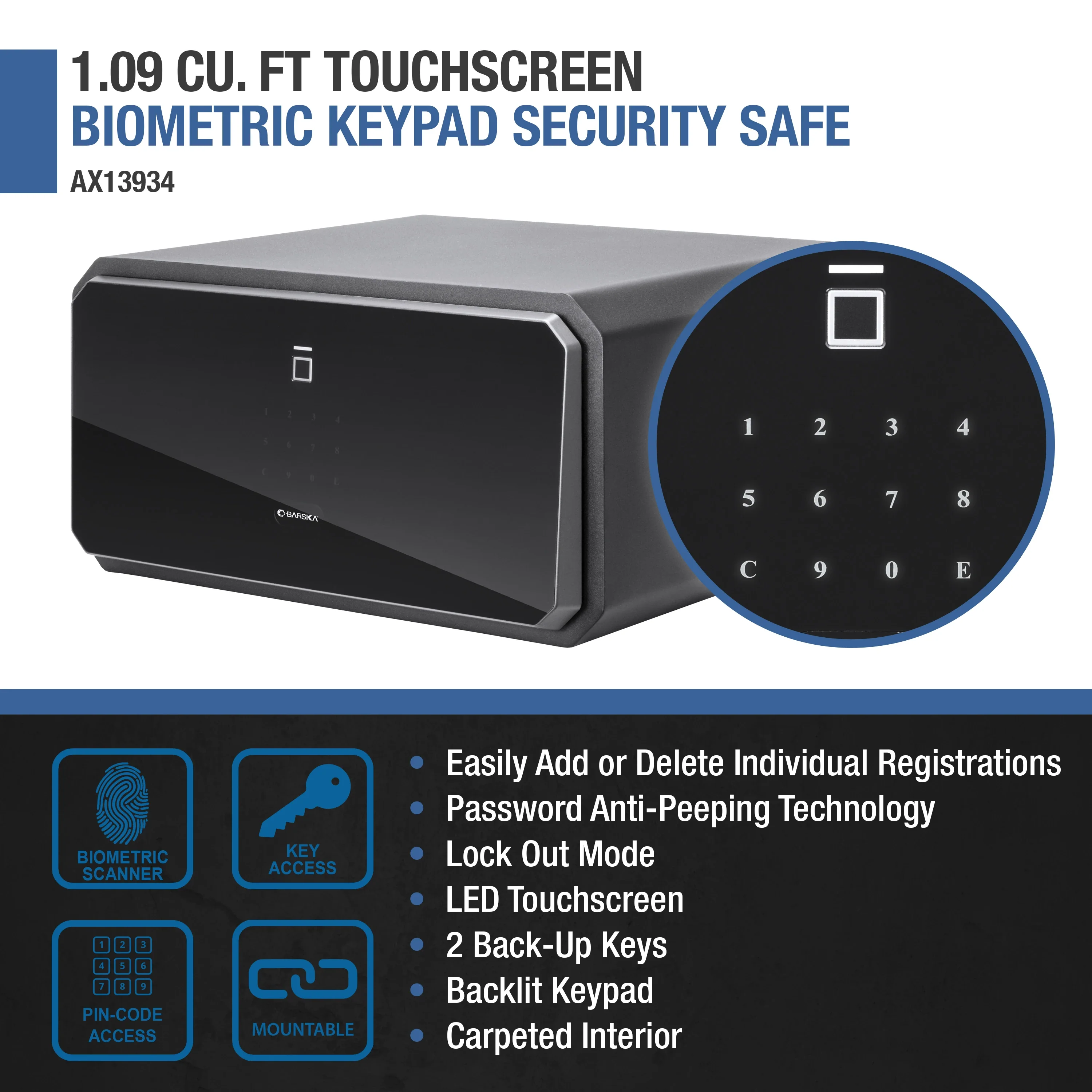 1.09 Cu. ft Touchscreen Biometric Keypad Security Safe | AX13934 - Image 8